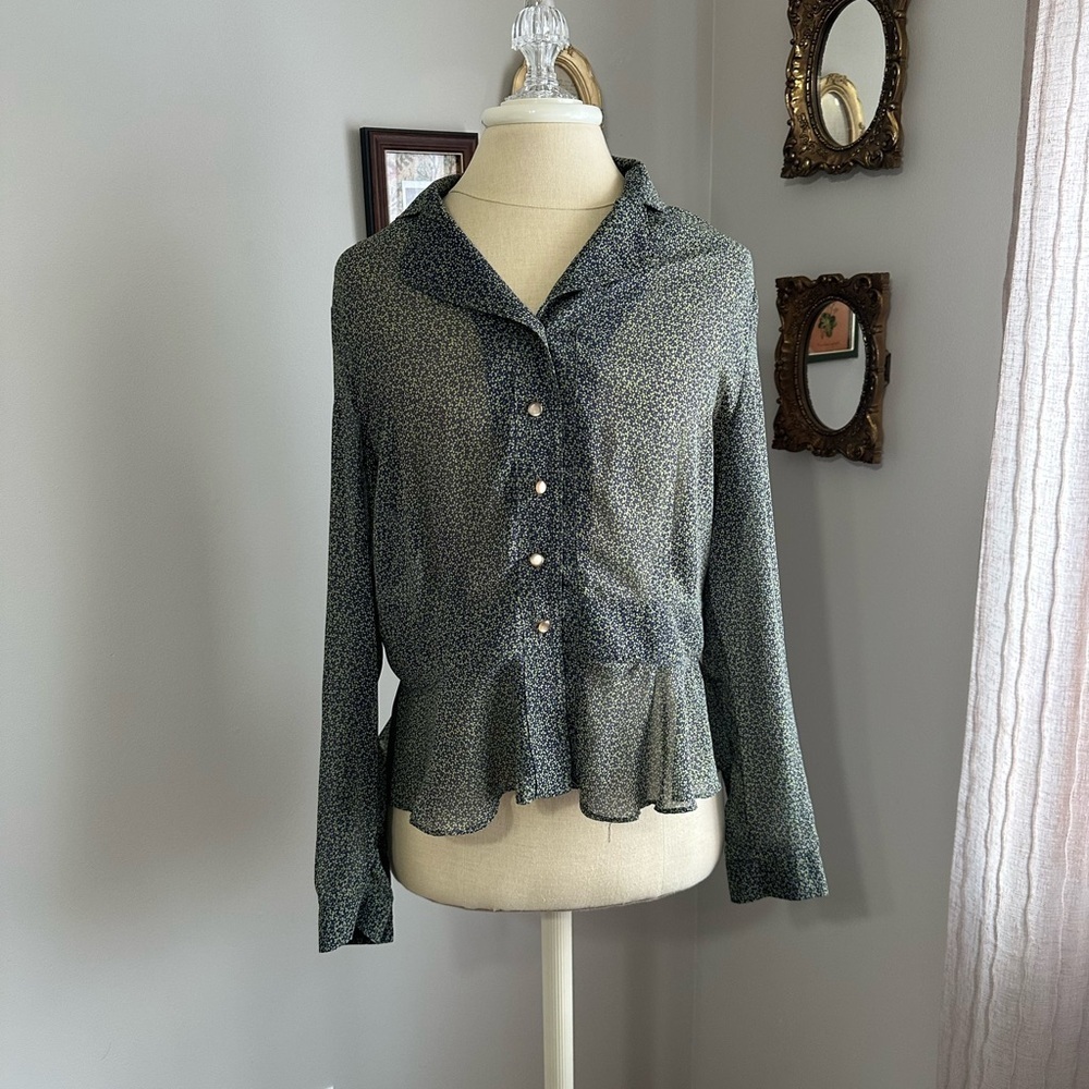 Vintage Sheer Button-Up Floral Blouse with Pearl Style Buttons